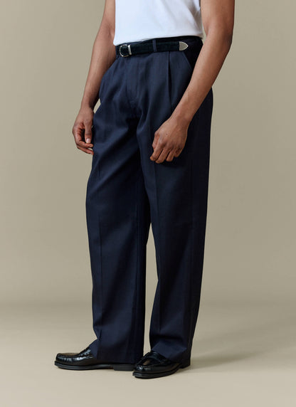 Men's Pleated Trousers - Relaxed Fit - Navy Blue - Lyocell