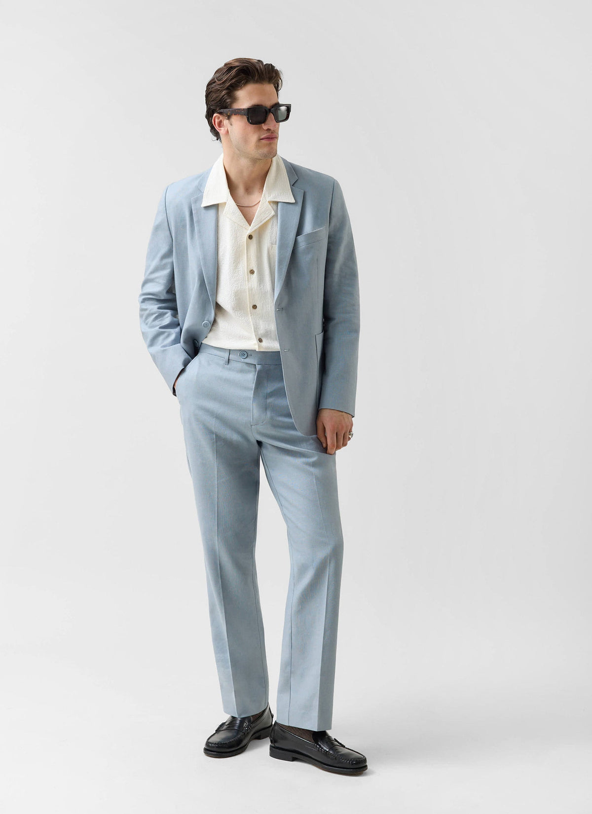 Men's Tailored Linen Trousers - Straight Leg - Light Blue