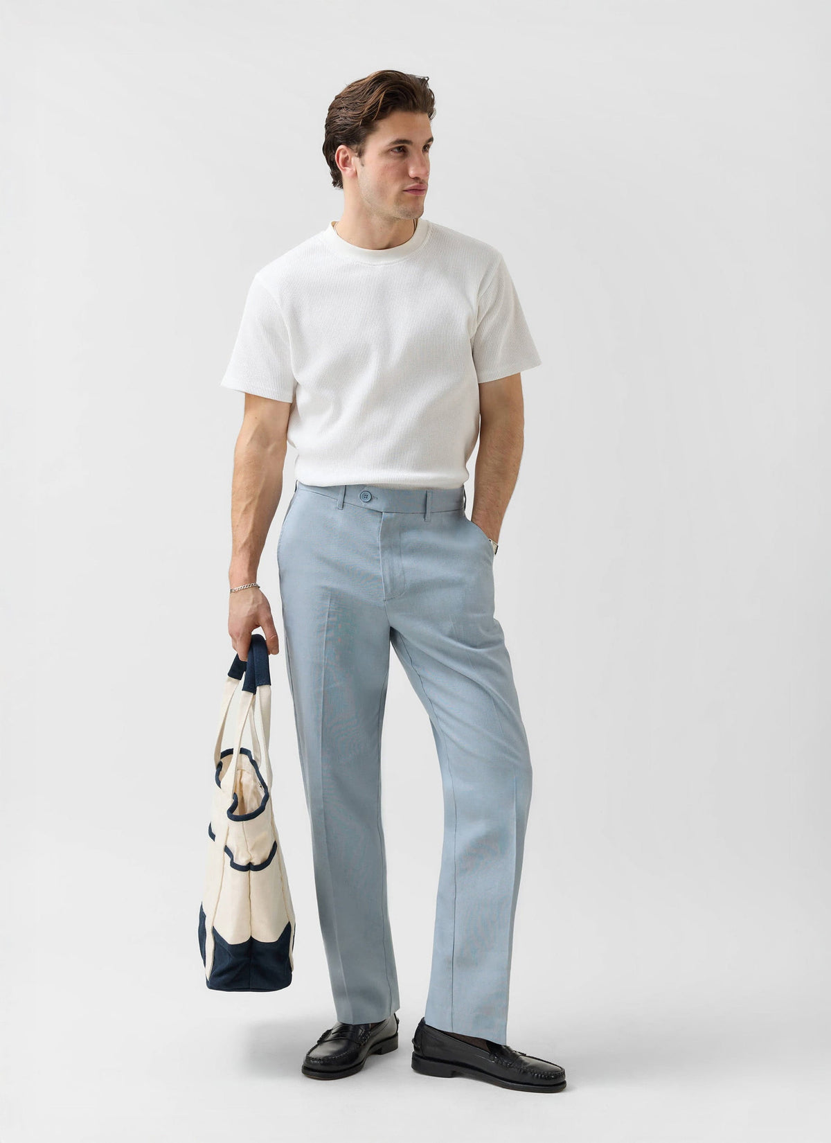 Men's Tailored Linen Trousers - Straight Leg - Light Blue