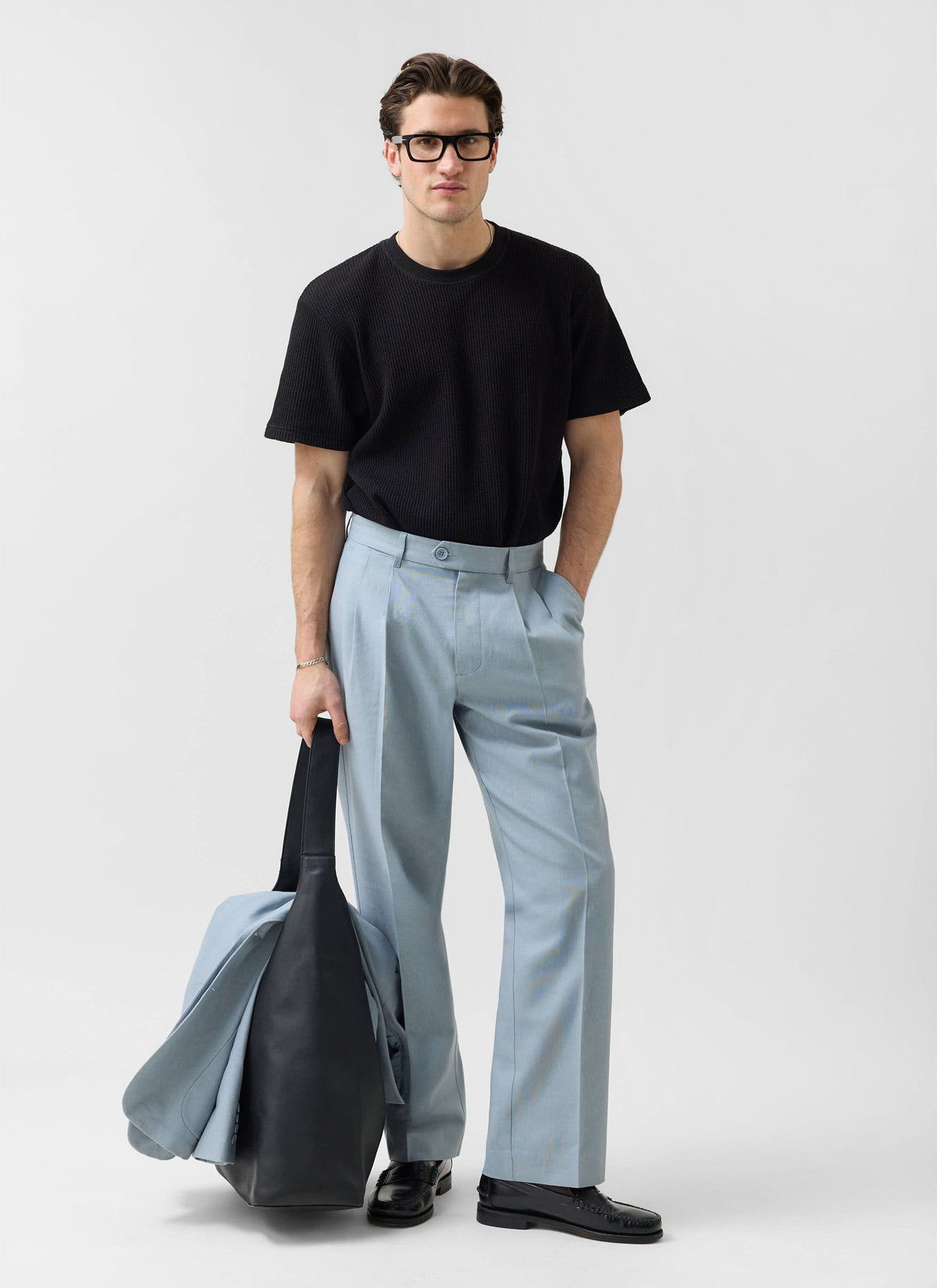 Men's Pleated Trousers - Tailored Linen Suits - Light Blue