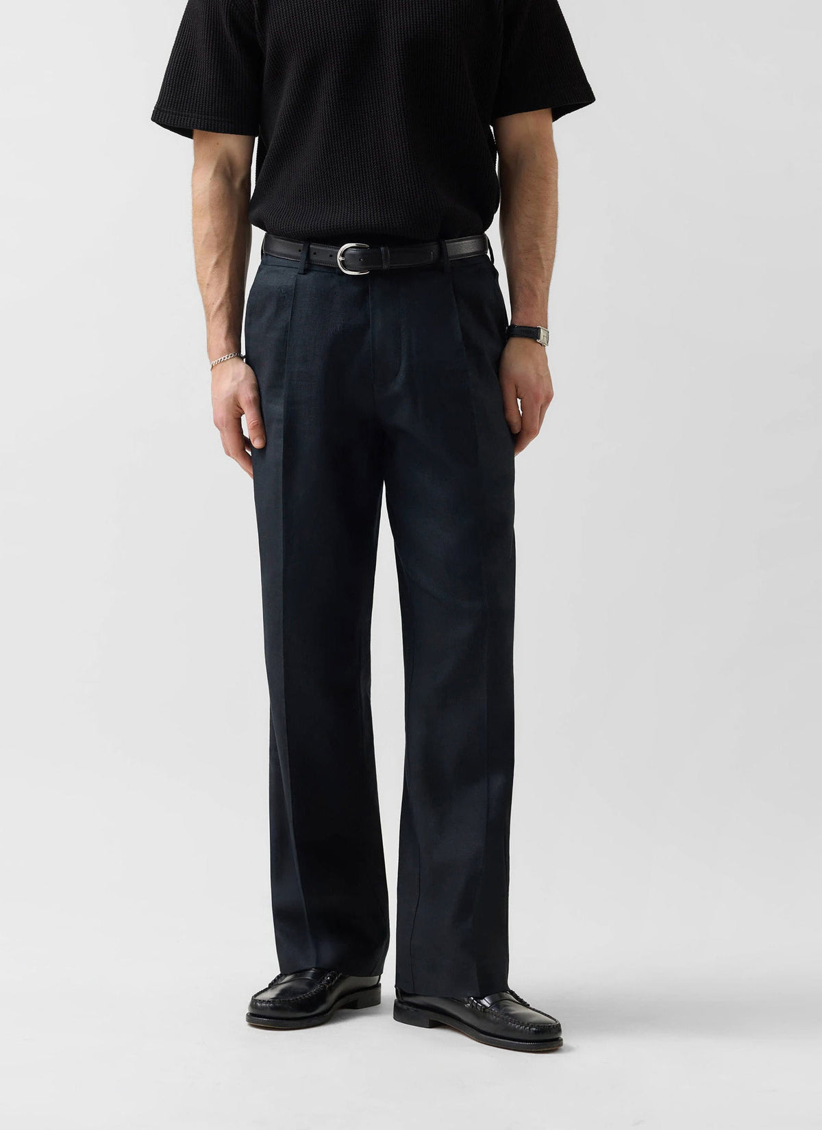 Wide Leg Trousers - Linen - Black