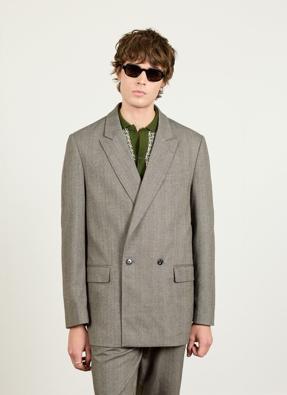 Men's Double Breasted Blazer - Tailored - Herringbone - Grey