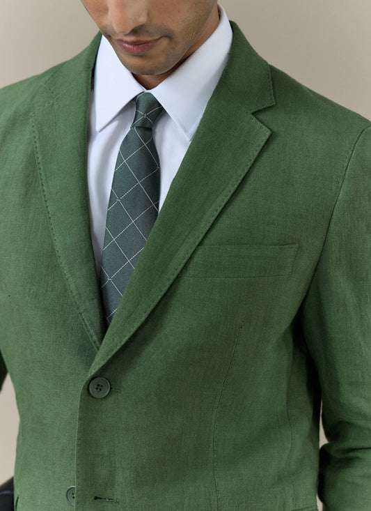 Men's Forest Green Silk Tie - Window Pane Key Jacquard