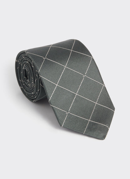 Men's Forest Green Silk Tie - Window Pane Key Jacquard