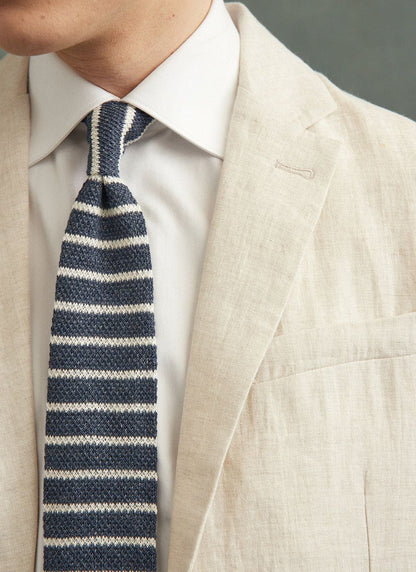 Men's Linen Neck Tie - Navy Marl Stripe