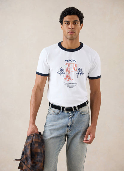 Tucker Ringer T-Shirt - Organic Cotton - White with Navy - Percival