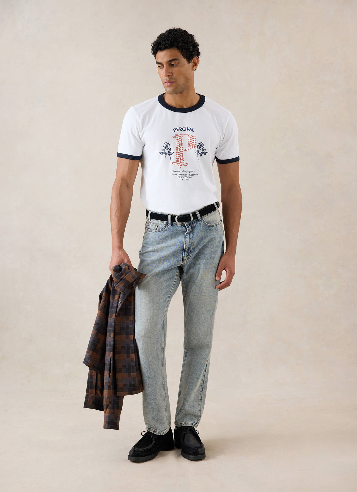 Tucker Ringer T-Shirt - Organic Cotton - White with Navy - Percival