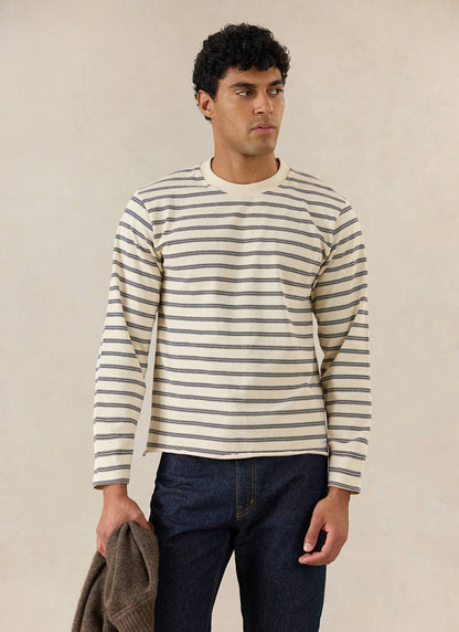 Men's Striped Long Sleeve T Shirt: Arlo - Cotton - White - Percival