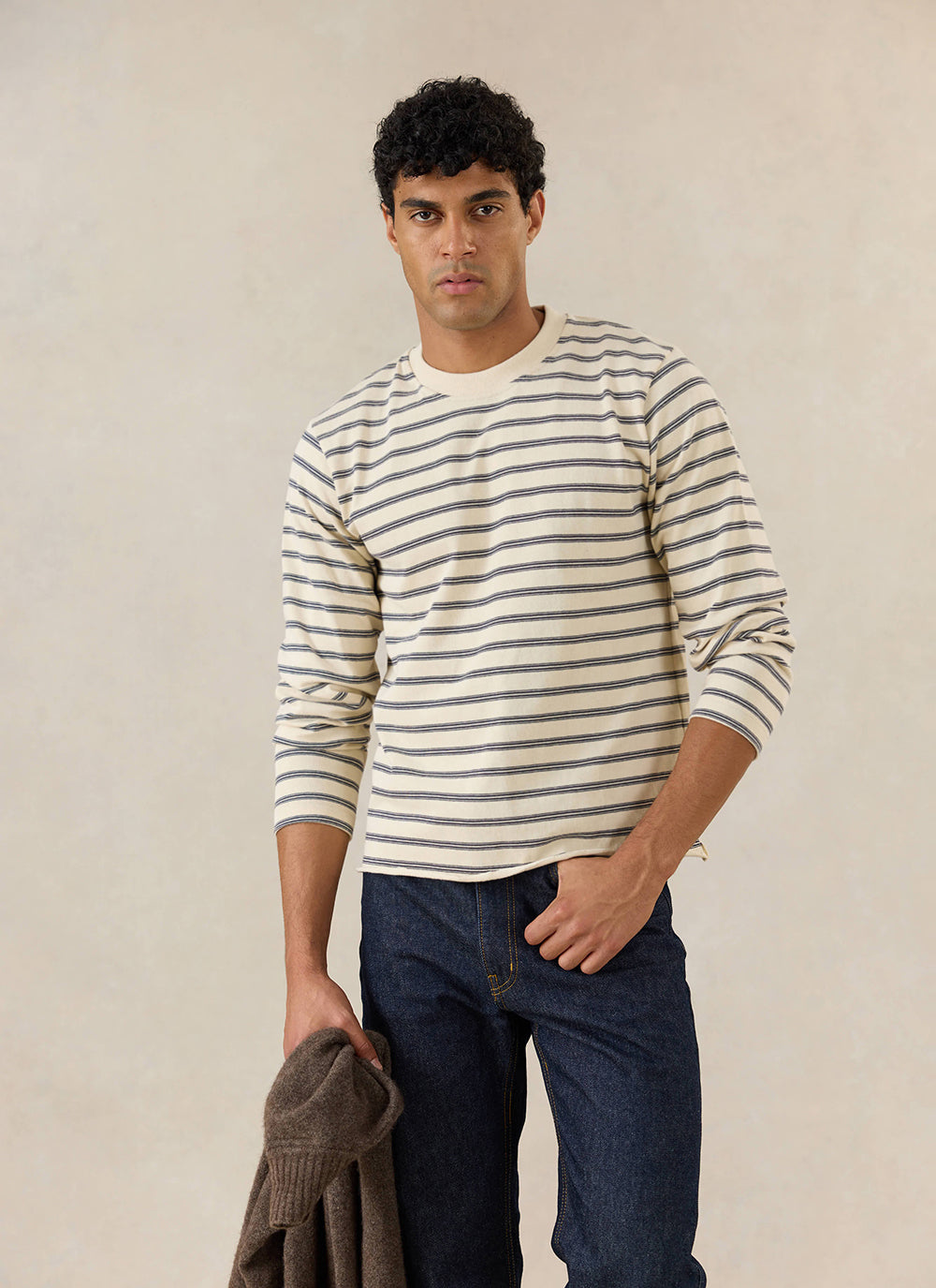Men's Striped Long Sleeve T Shirt: Arlo - Cotton - White - Percival