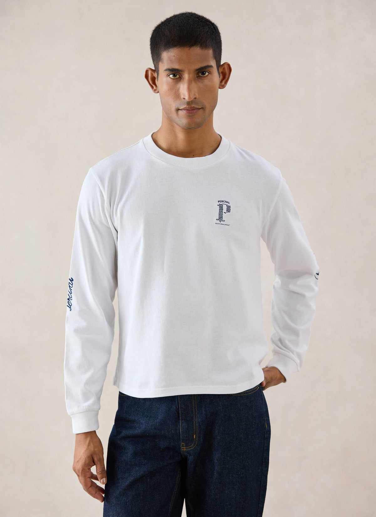 Tucker Embroidered Long Sleeve T-Shirt - White - Percival