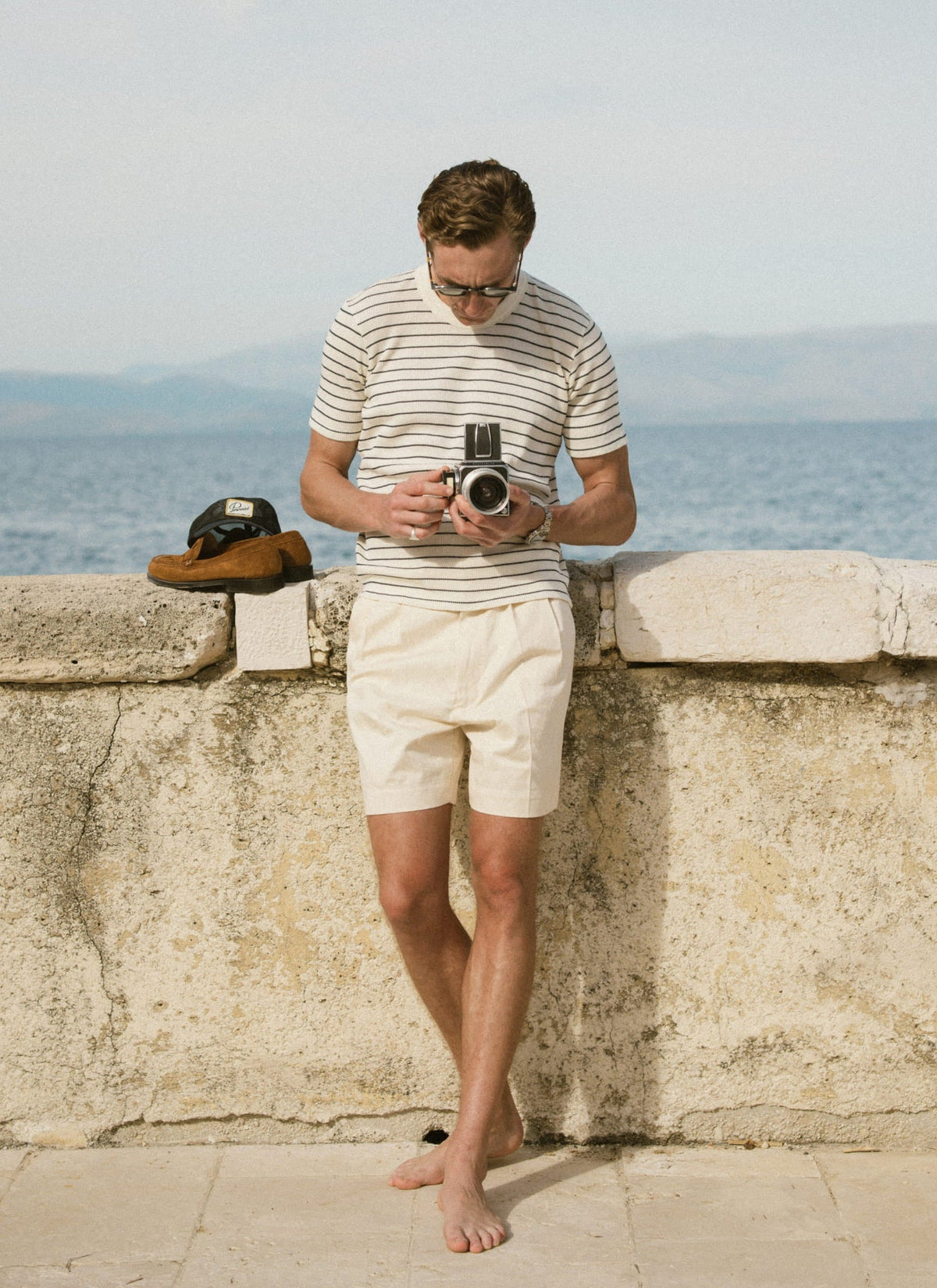 Men's Waffle T-Shirt - Ernie - Cotton - Cream Stripe