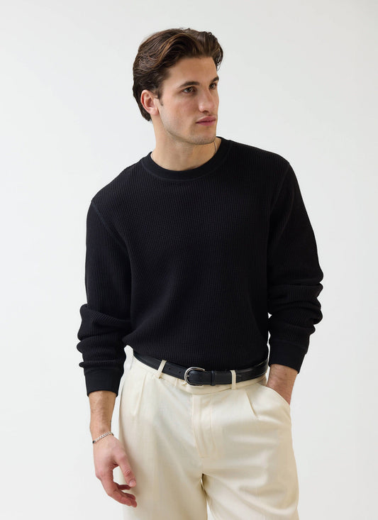 Men's Waffle Long Sleeve T Shirt - Cotton - Black