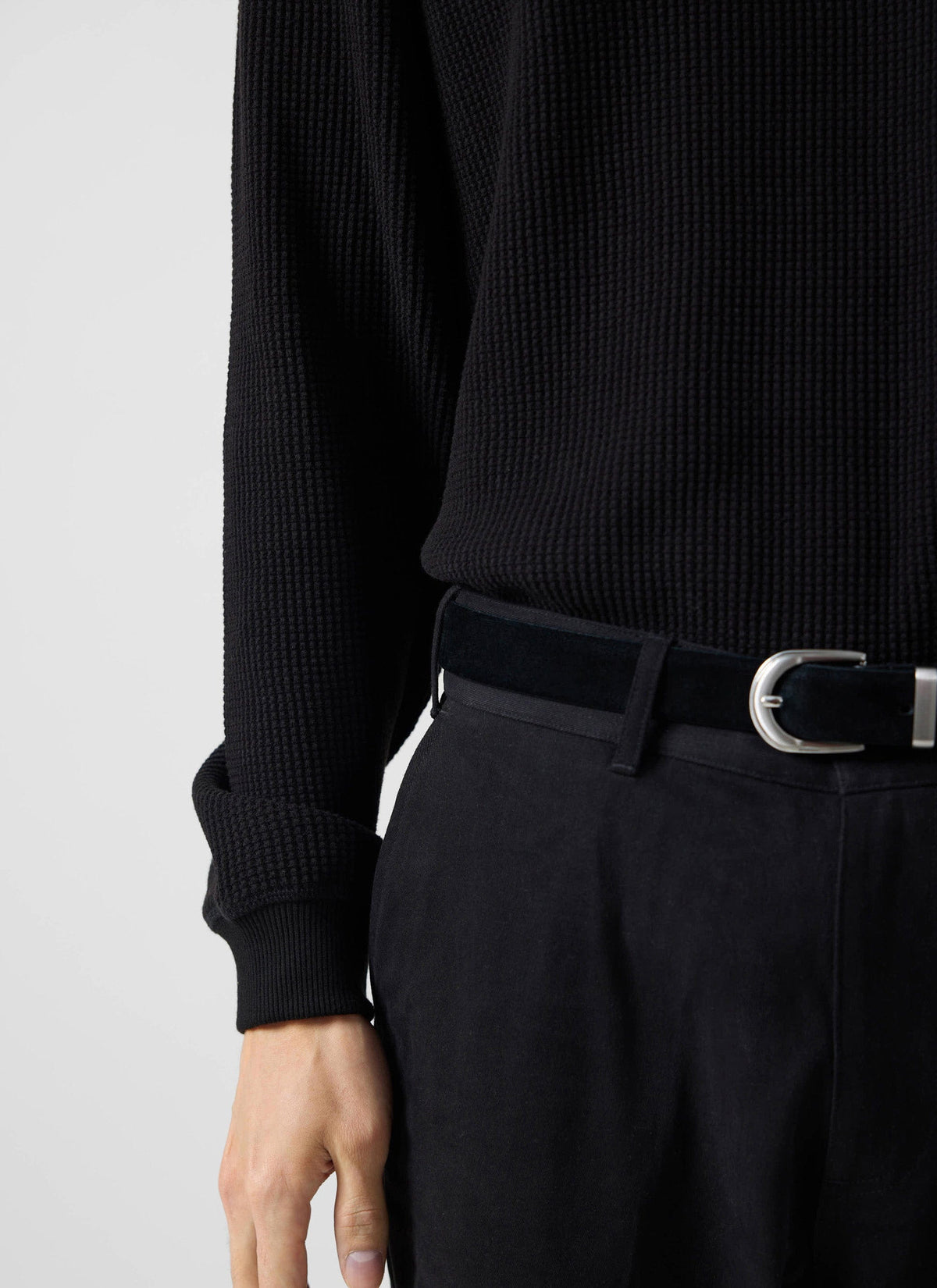 Men's Waffle Long Sleeve T Shirt - Cotton - Black