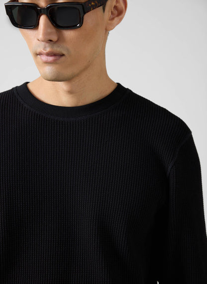 Men's Waffle Long Sleeve T Shirt - Cotton - Black