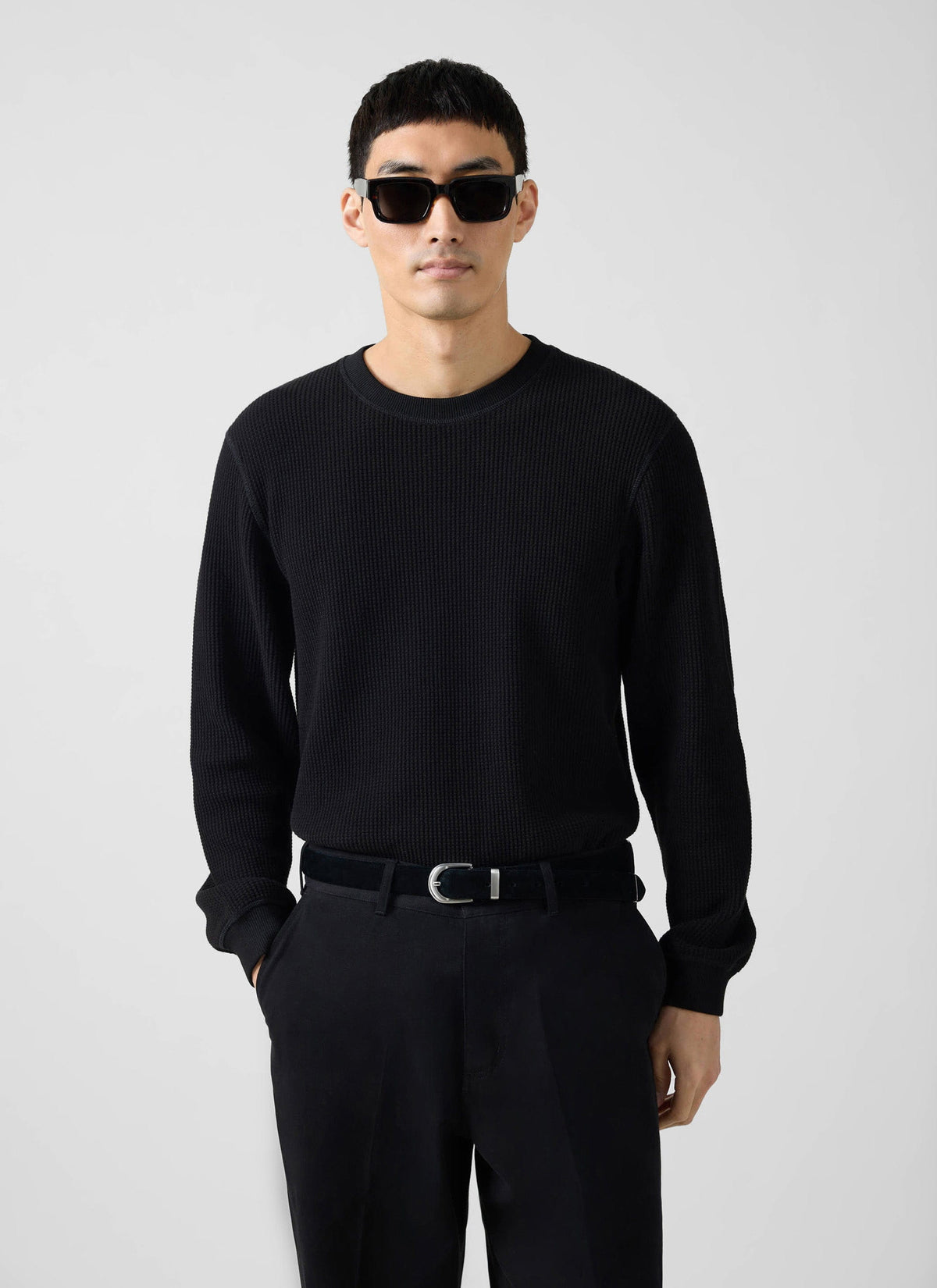 Men's Waffle Long Sleeve T Shirt - Cotton - Black