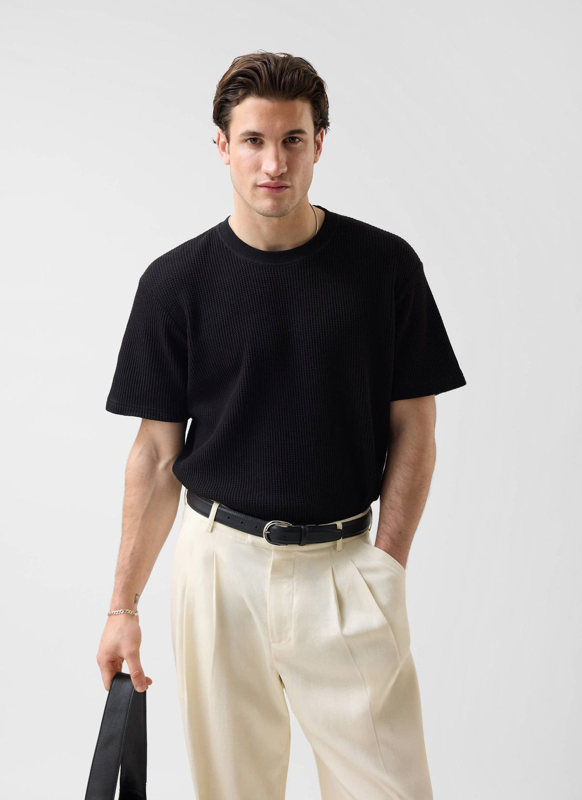 Men's Waffle Short Sleeve T Shirt - Cotton - Black