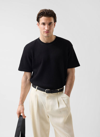 Men's Waffle Short Sleeve T Shirt - Cotton - Black