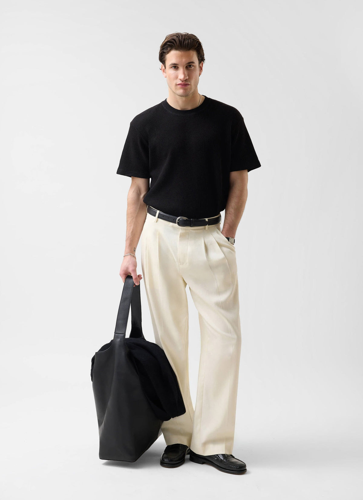 Men's Waffle Short Sleeve T Shirt - Cotton - Black