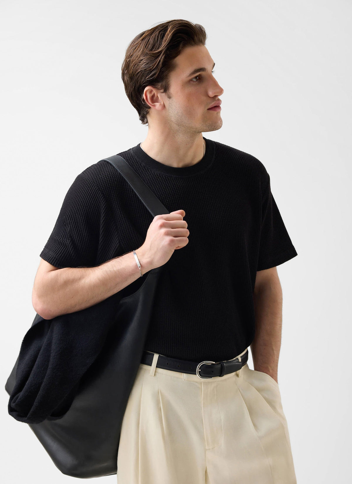 Men's Waffle Short Sleeve T Shirt - Cotton - Black