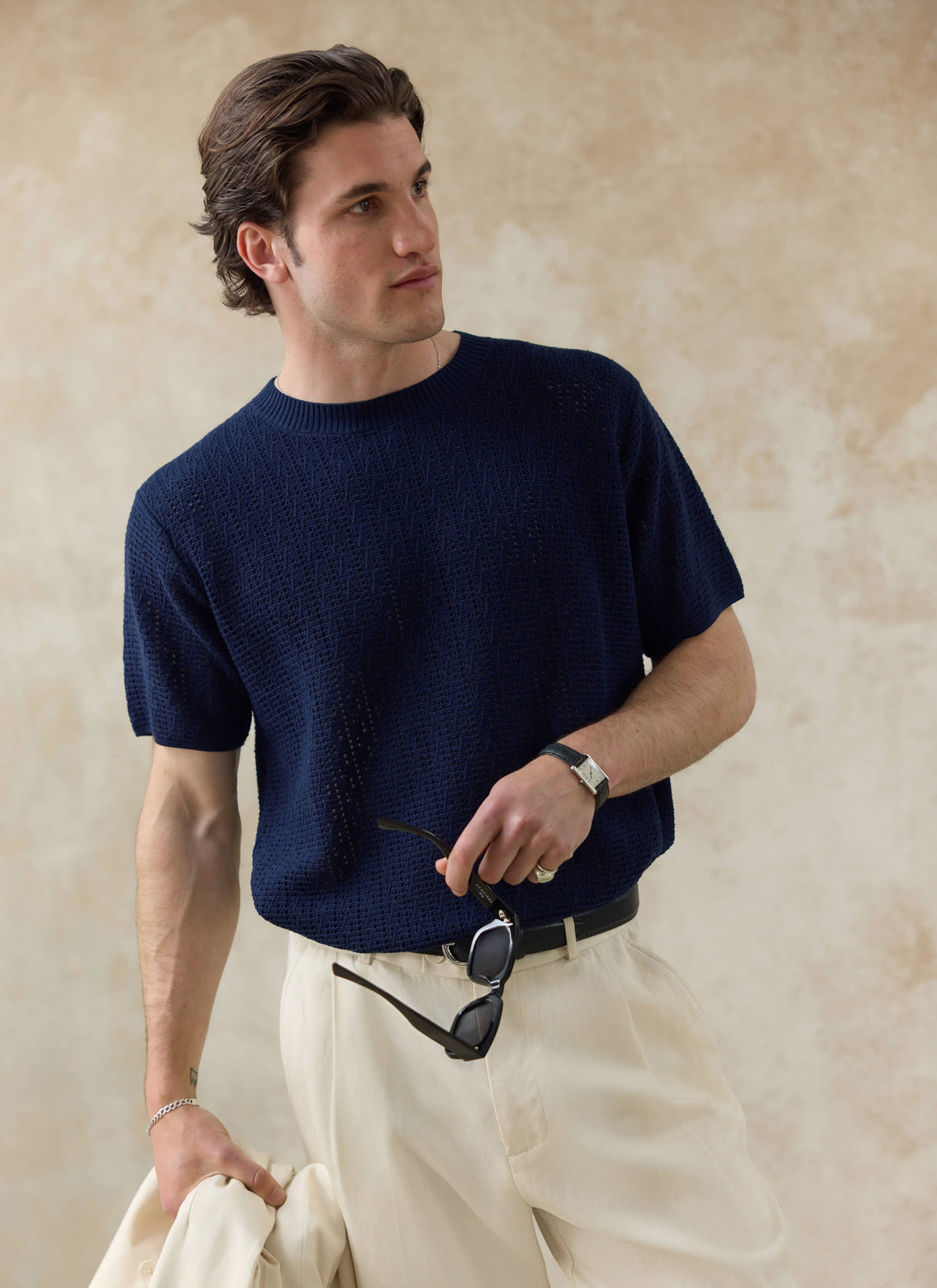 Men's Knitted Navy T Shirt - Siena - 100% Cotton
