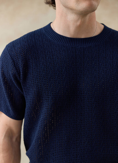 Men's Knitted Navy T Shirt - Siena - 100% Cotton