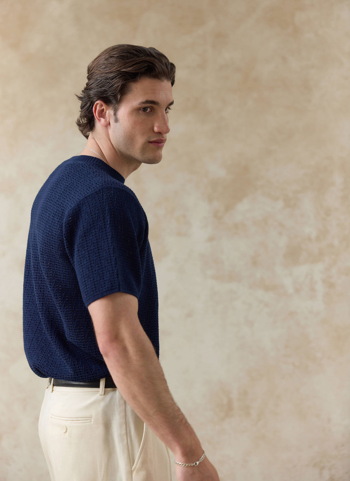 Men's Knitted Navy T Shirt - Siena - 100% Cotton