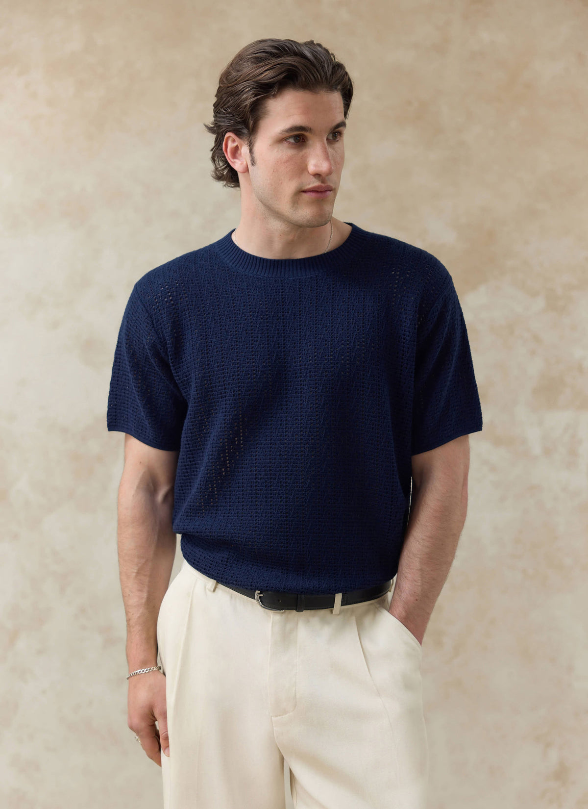 Men's Knitted Navy T Shirt - Siena - 100% Cotton