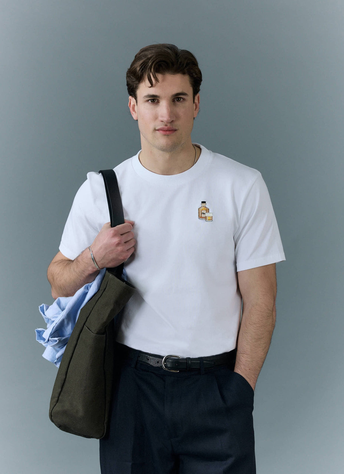 Men's Embroidered T Shirt: Old Fashioned - Cotton - White