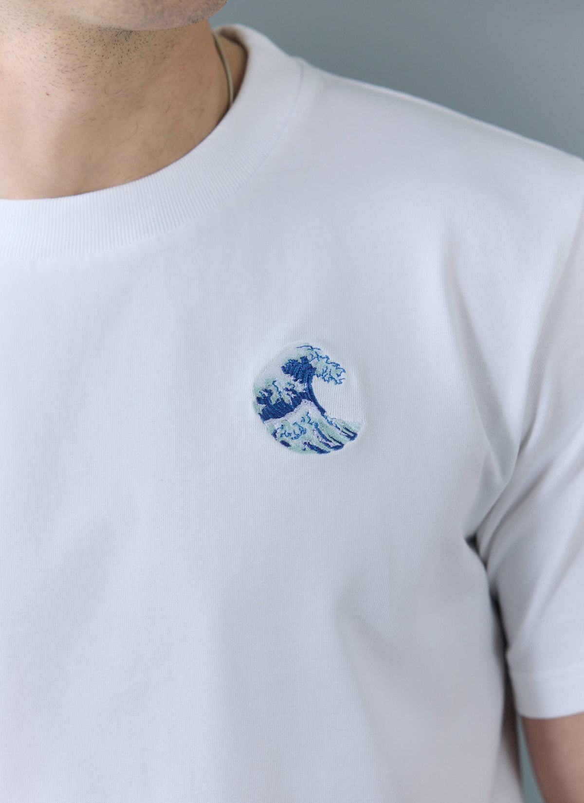 Men's Embroidered T Shirt: Wave - Heavyweight Cotton - White