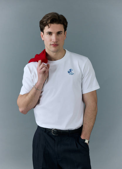 Men's Embroidered T Shirt: Wave - Heavyweight Cotton - White