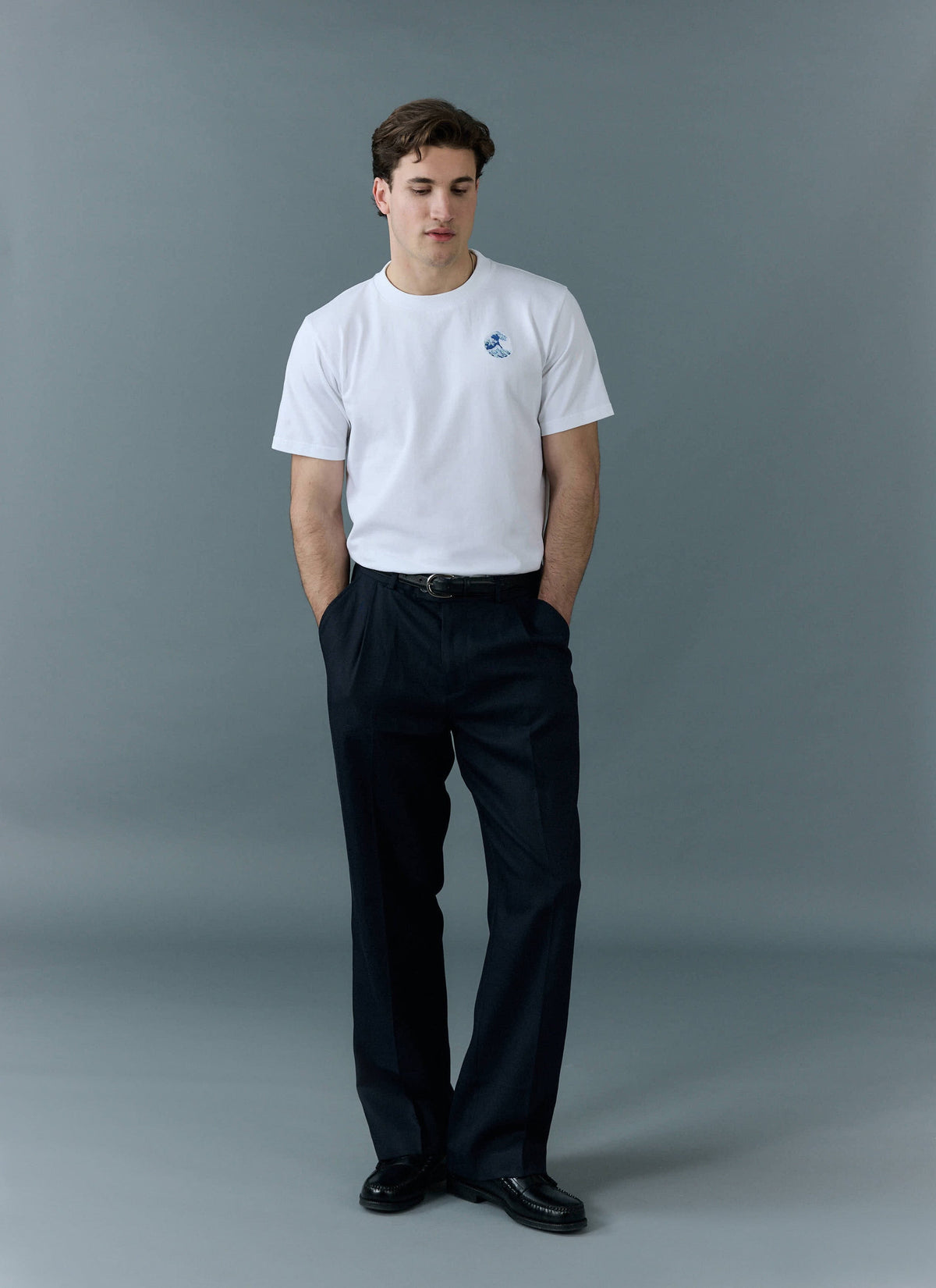 Men's Embroidered T Shirt: Wave - Heavyweight Cotton - White