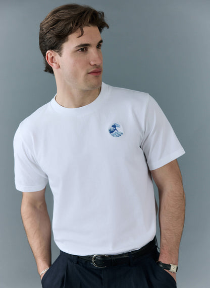 Men's Embroidered T Shirt: Wave - Heavyweight Cotton - White