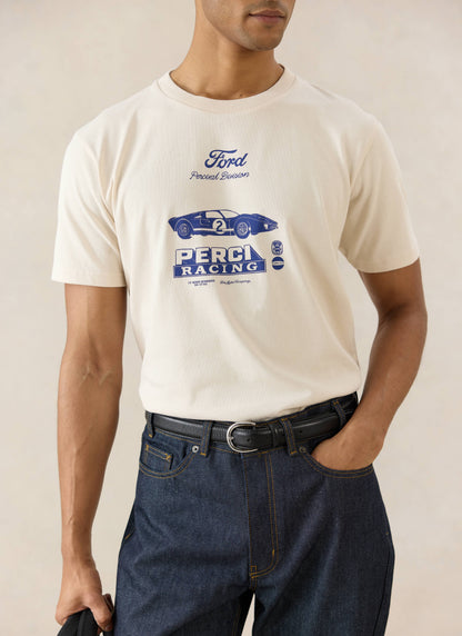 Men's Graphic Ford T Shirt - Organic Cotton - Cream - Ford x Percival