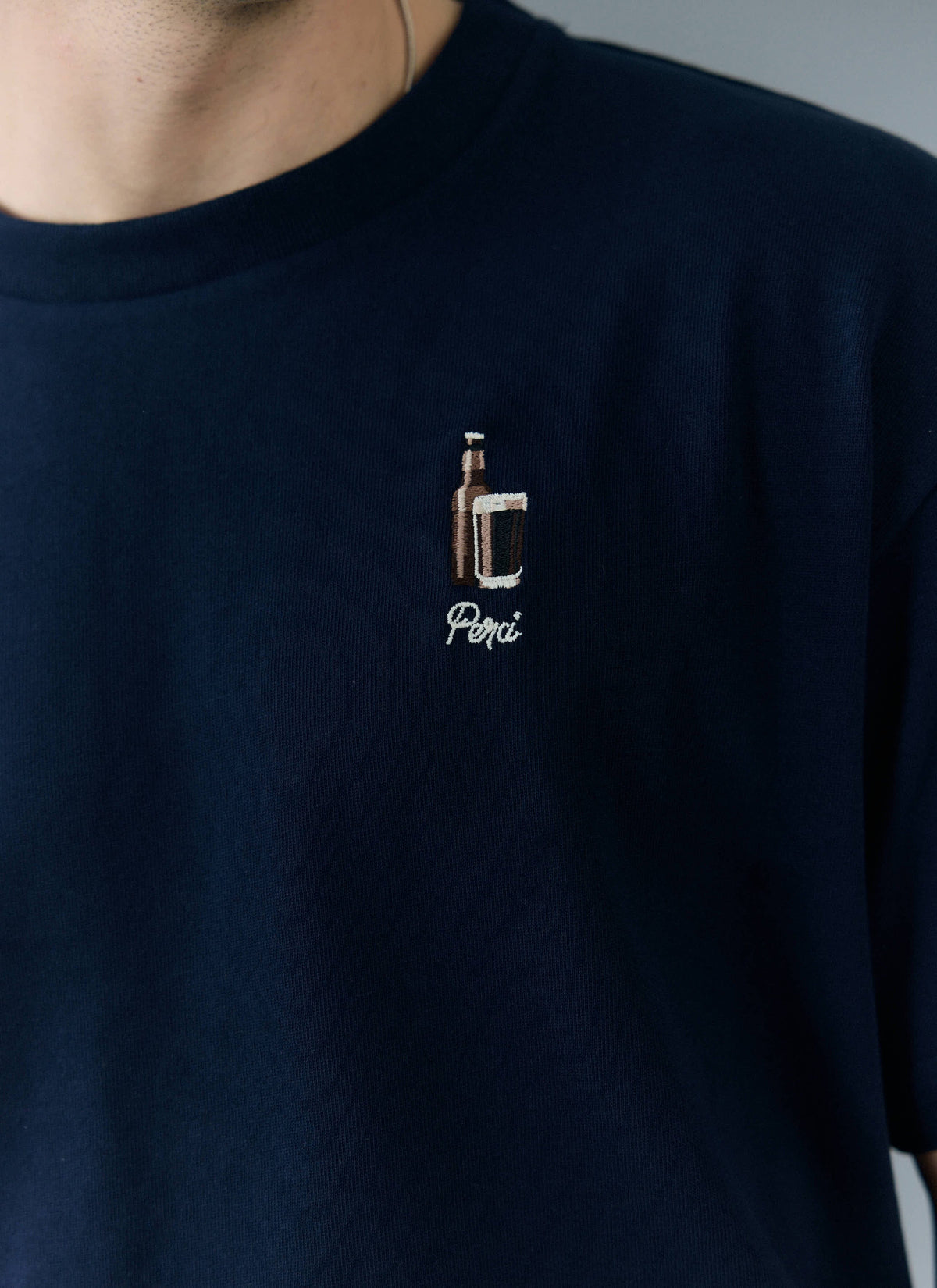 Men's Oversized T Shirt - Embroidered Stout - Cotton - Navy