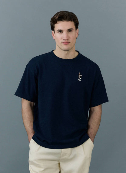 Men's Oversized T Shirt - Embroidered Stout - Cotton - Navy