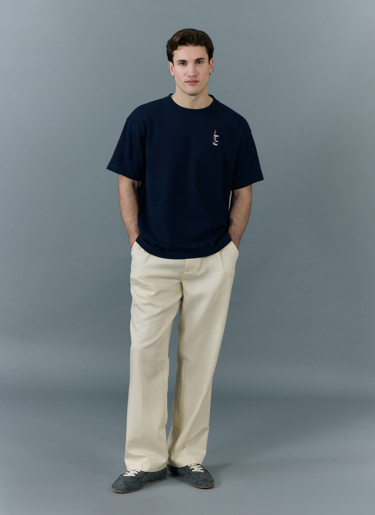 Men's Oversized T Shirt - Embroidered Stout - Cotton - Navy