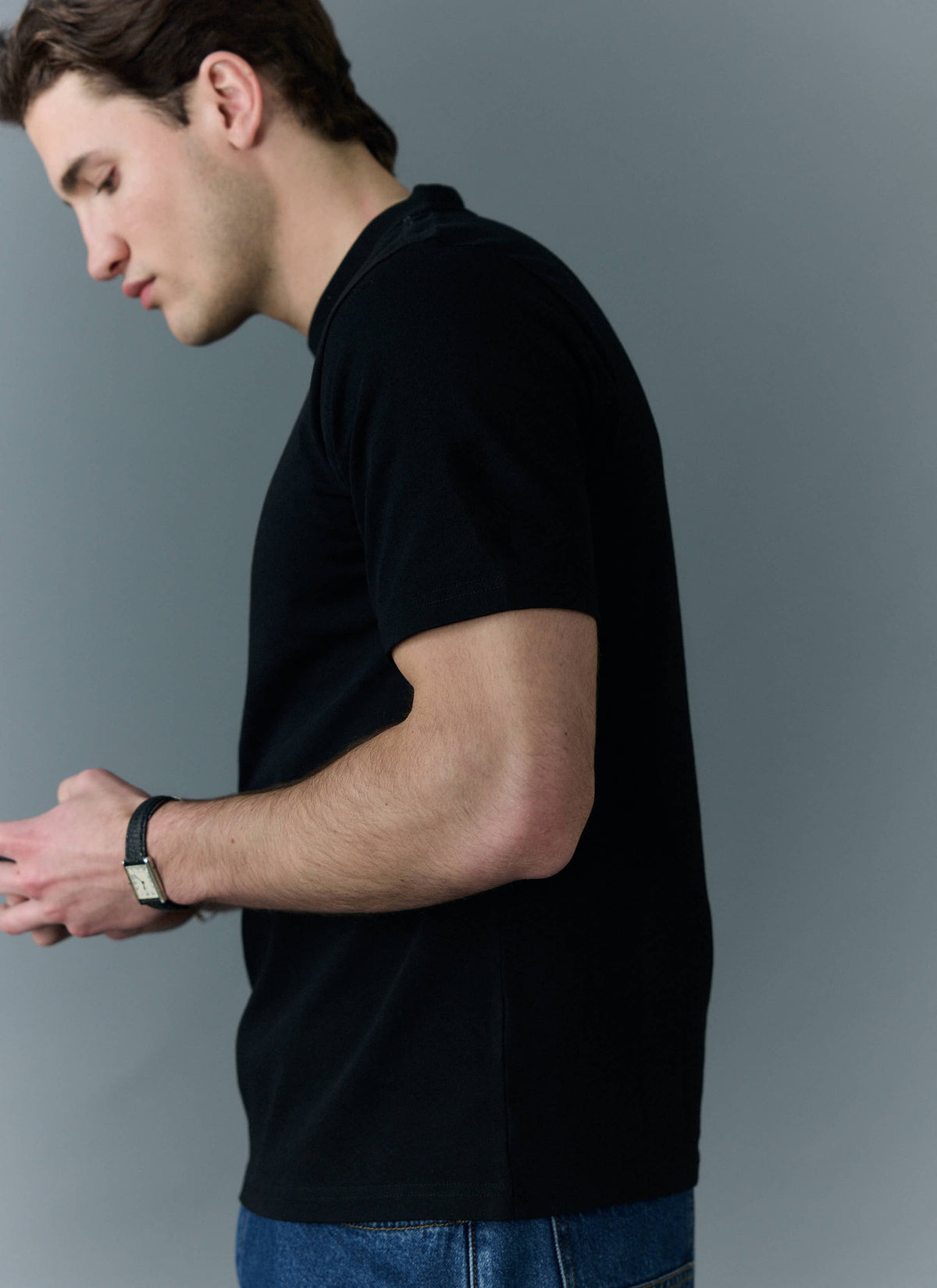 Men's Cropped Plain T Shirt - Heavyweight Cotton - Black