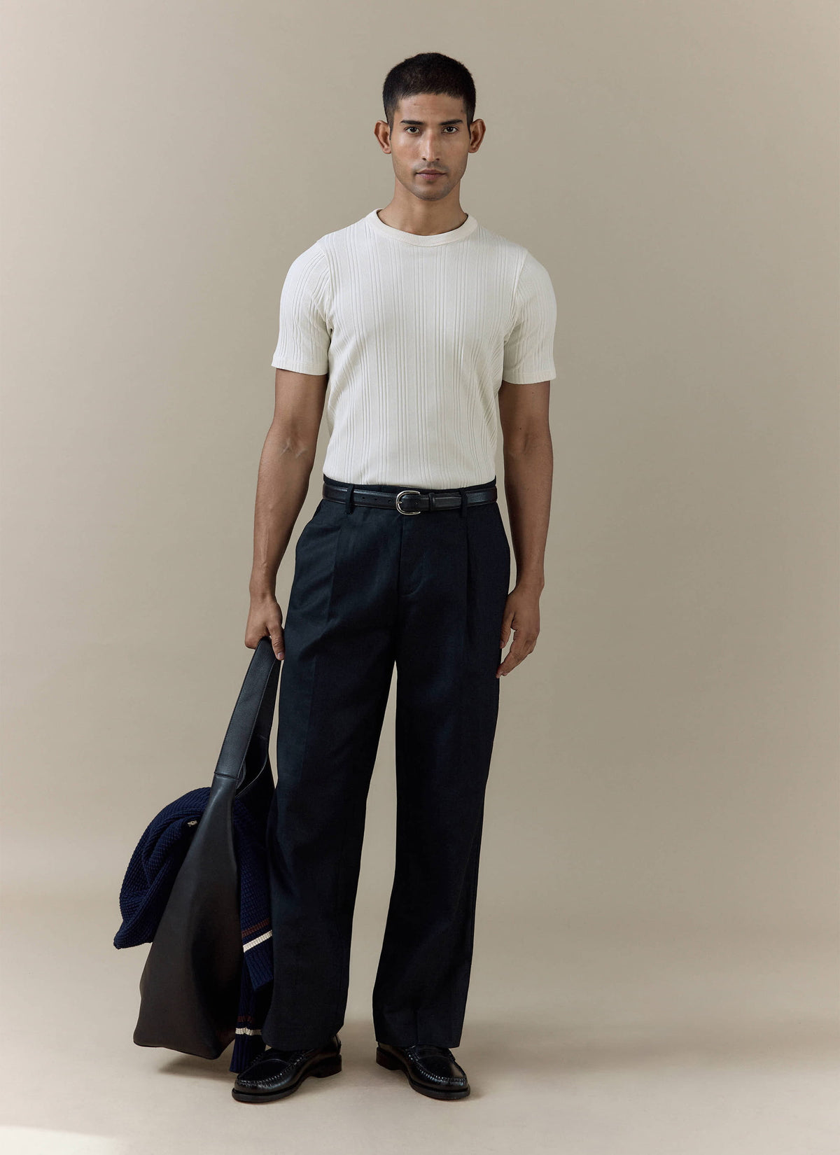 Men's Slim Fit Ribbed T-shirt: Leon - Cotton - Cream