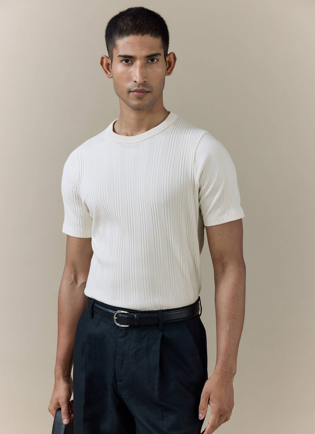 Men's Slim Fit Ribbed T-shirt: Leon - Cotton - Cream