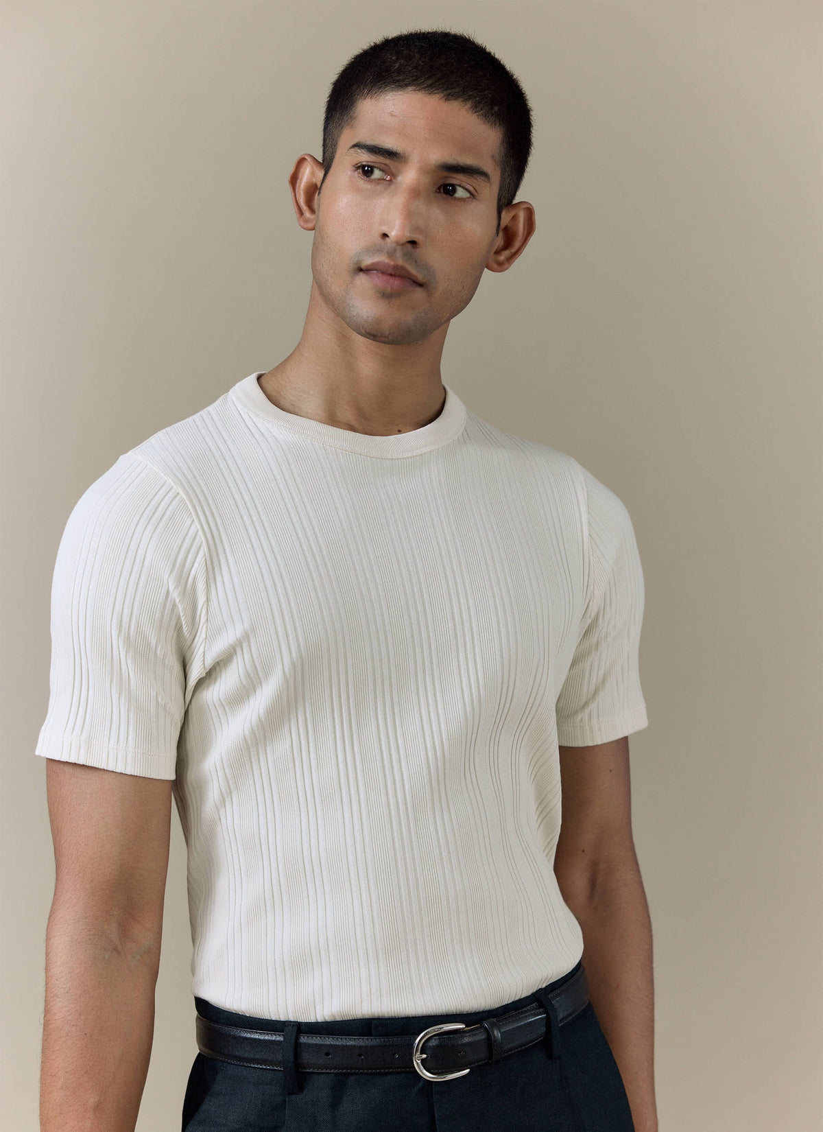 Men's Slim Fit Ribbed T-shirt: Leon - Cotton - Cream