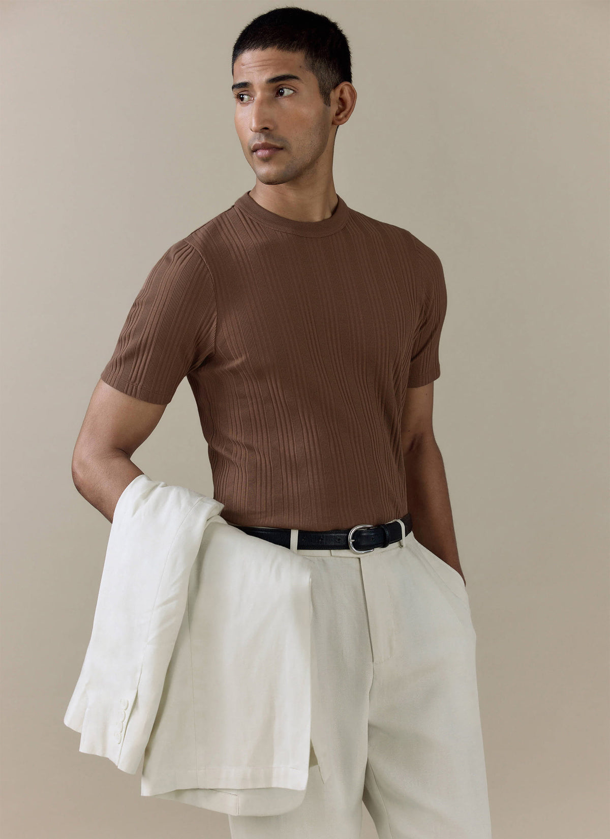 Men's Slim Fit RIbbed T Shirt: Leon - Cotton - Brown