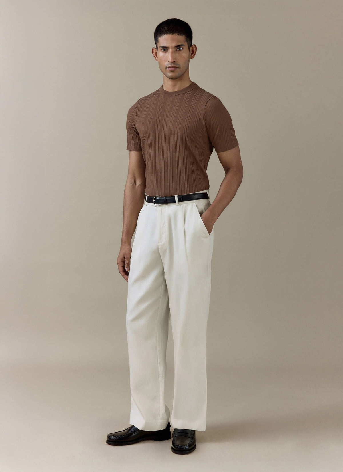 Men's Slim Fit RIbbed T Shirt: Leon - Cotton - Brown