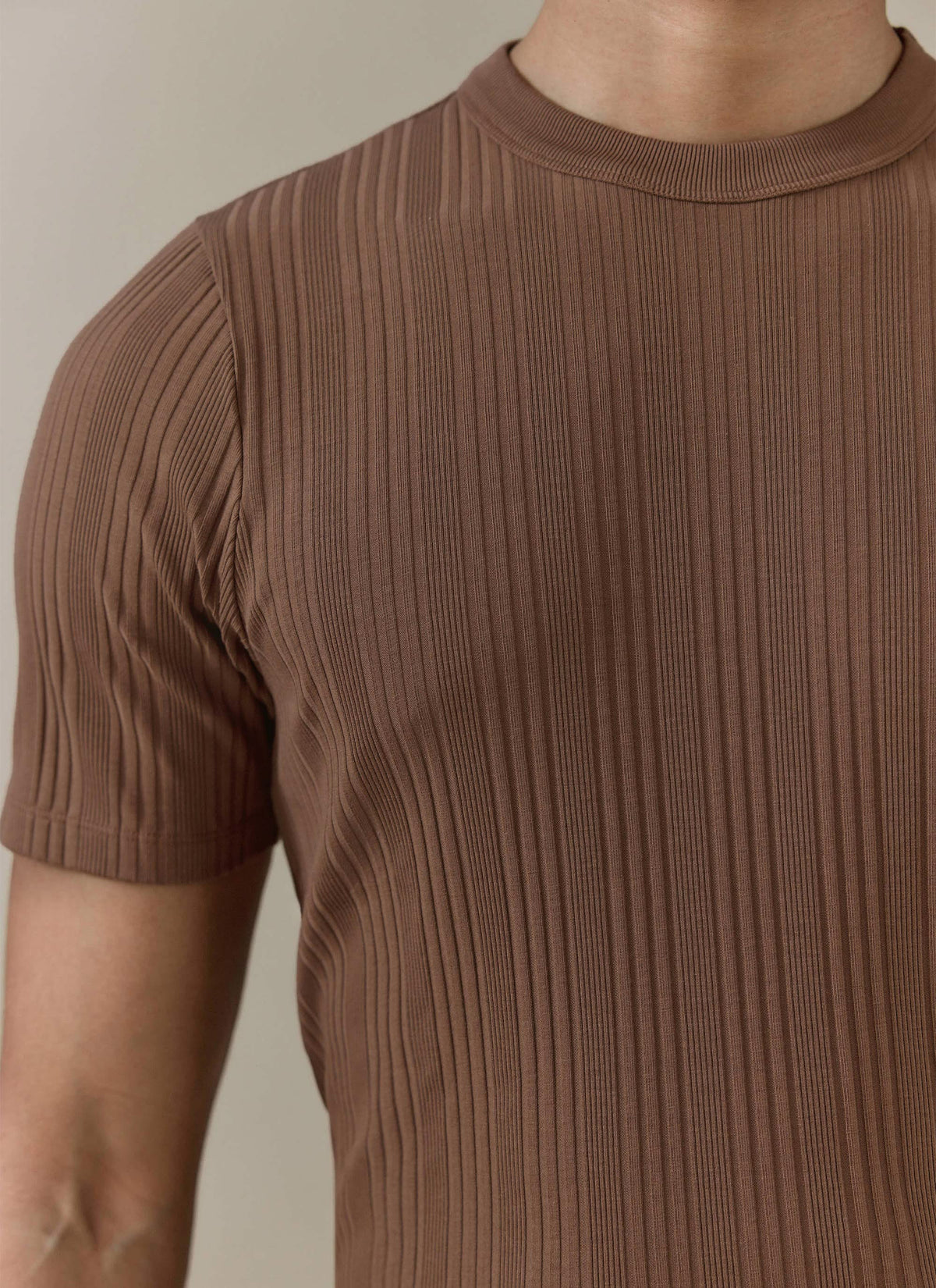 Men's Slim Fit RIbbed T Shirt: Leon - Cotton - Brown