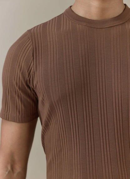 Men's Slim Fit RIbbed T Shirt: Leon - Cotton - Brown