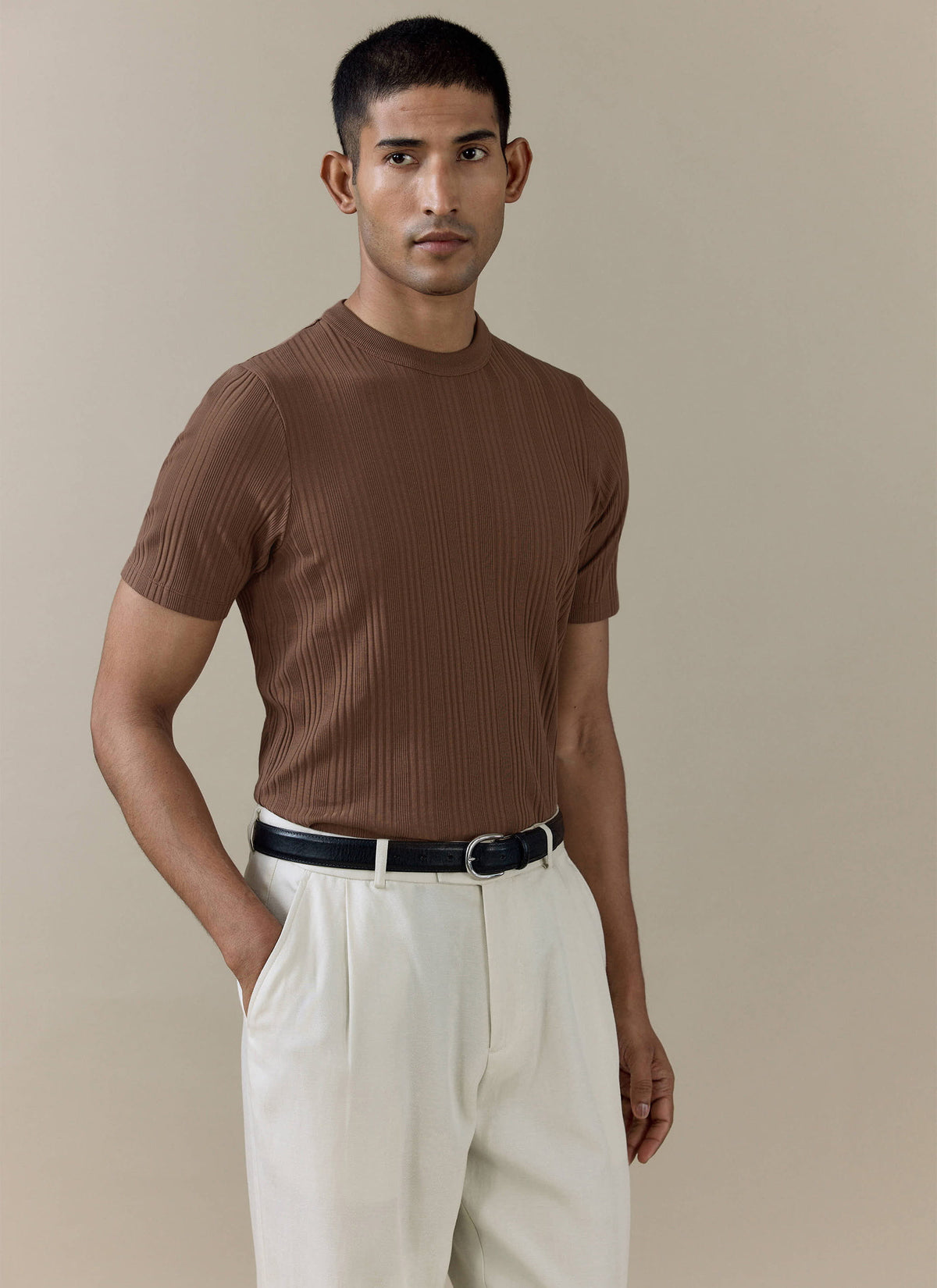 Men's Slim Fit RIbbed T Shirt: Leon - Cotton - Brown