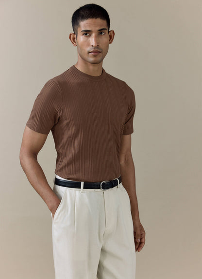 Men's Slim Fit RIbbed T Shirt: Leon - Cotton - Brown