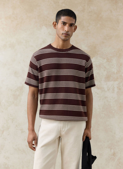 Men's Knit Cotton T Shirt - Fiction Striped - Espresso