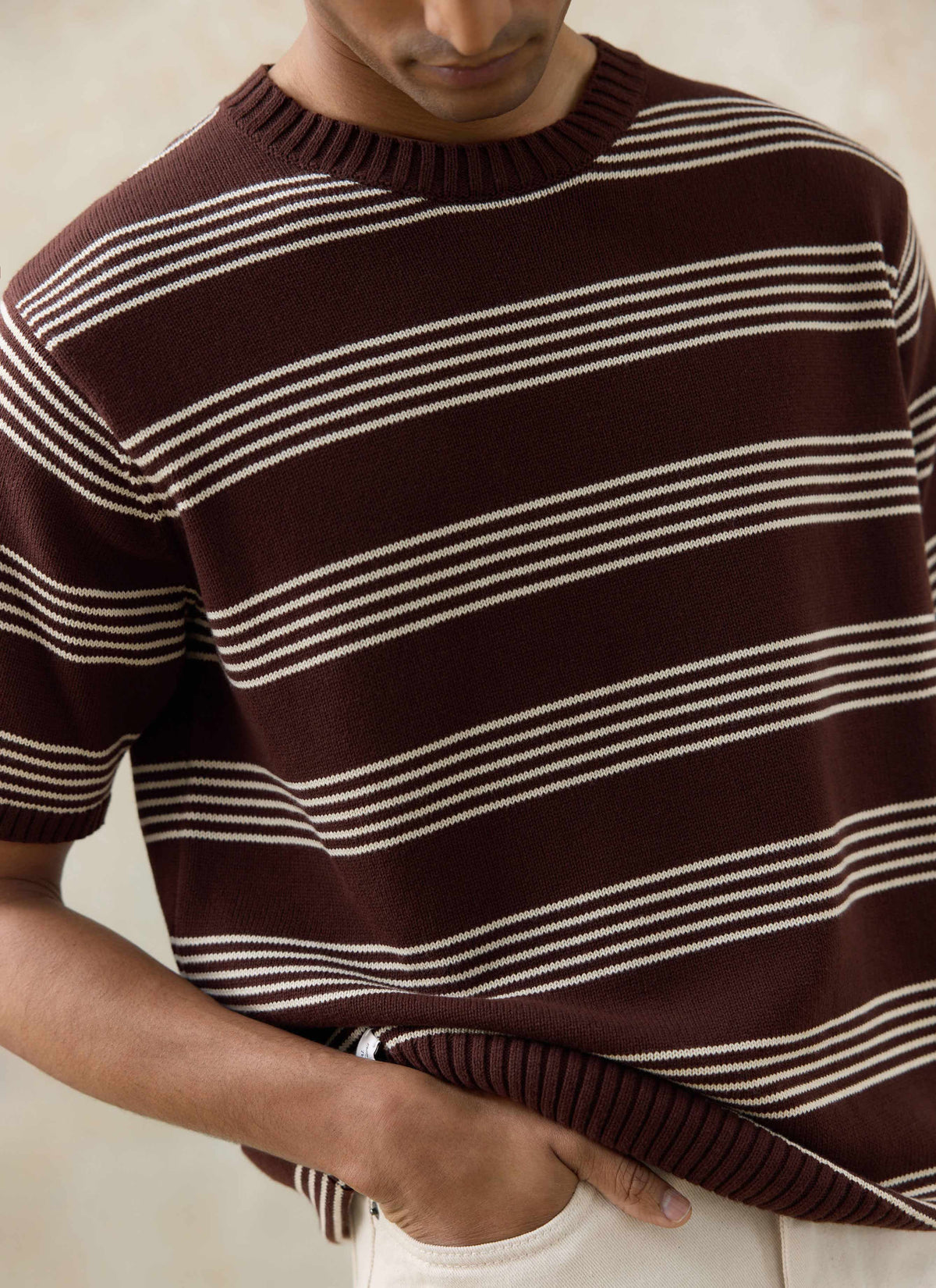 Men's Knit Cotton T Shirt - Fiction Striped - Espresso