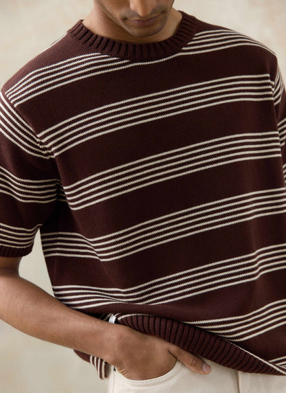 Men's Knit Cotton T Shirt - Fiction Striped - Espresso