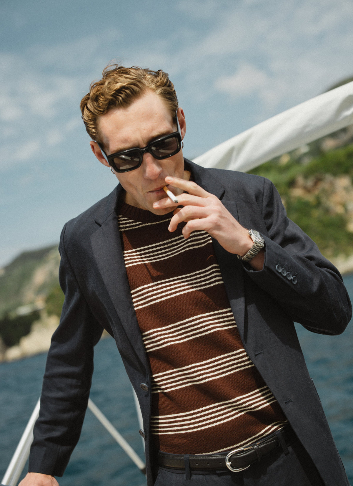 Men's Knit Cotton T Shirt - Fiction Striped - Espresso